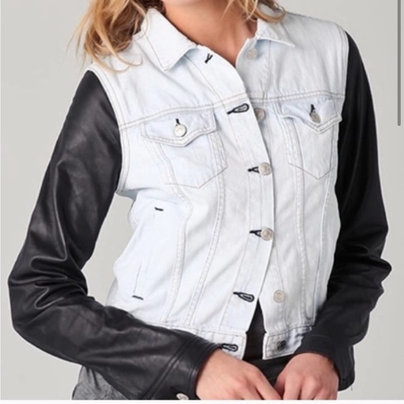 rag & bone Bleached Denim Jacket with Black Leather Sleeves - Picture 2 of 7